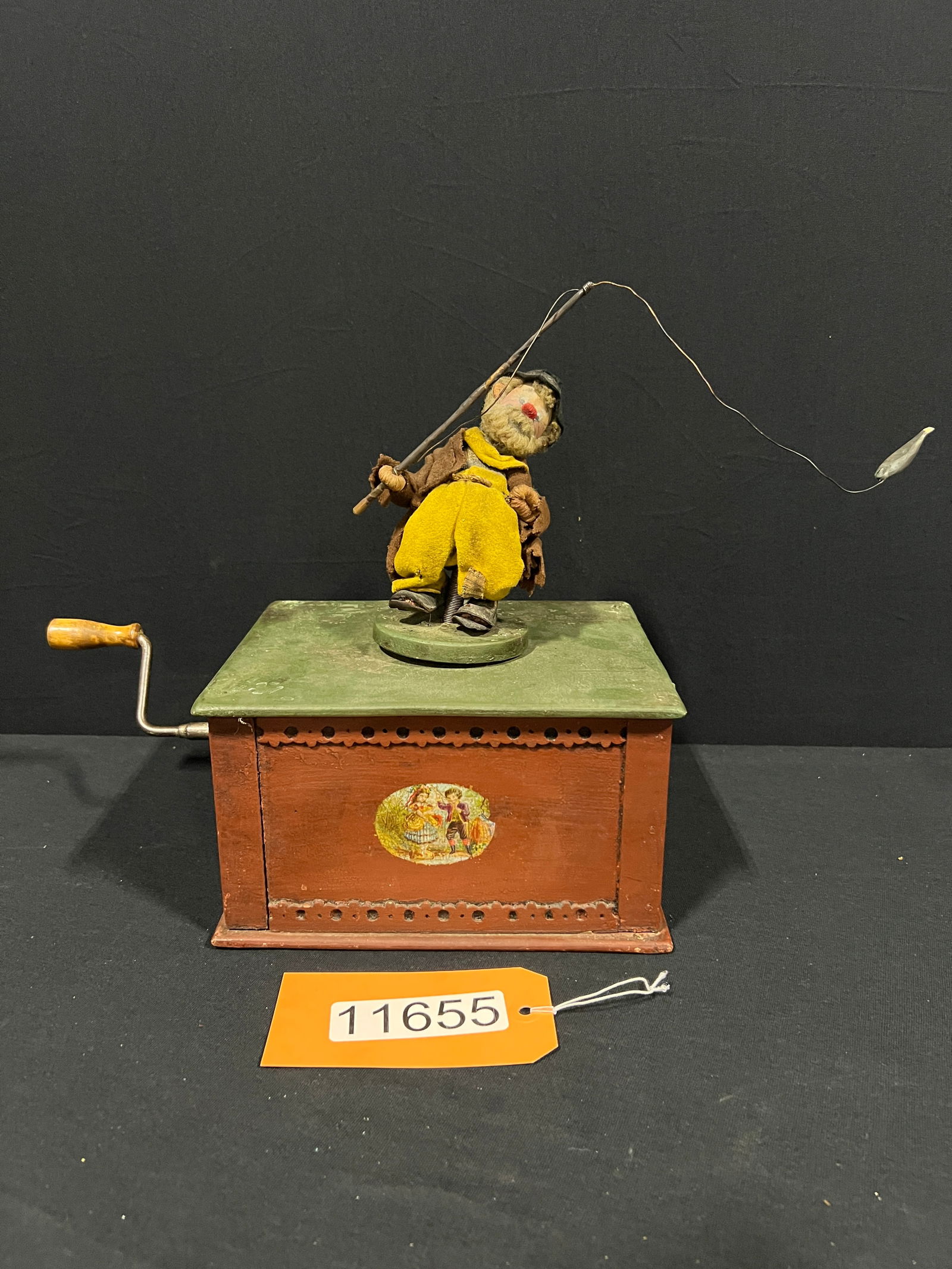 Folk art wind up toy box fisherman (1 of 2)