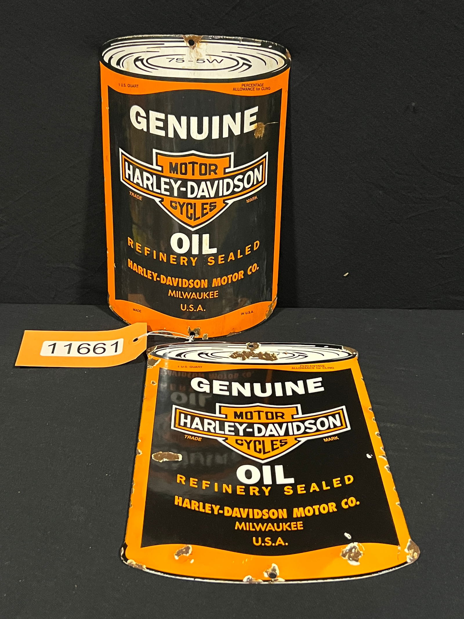 Haley Davidson porcelain curved flat motorcycle sign: 2 reproduction Harley Davidson signs, one curved and one flat. 11" H x 7" W.