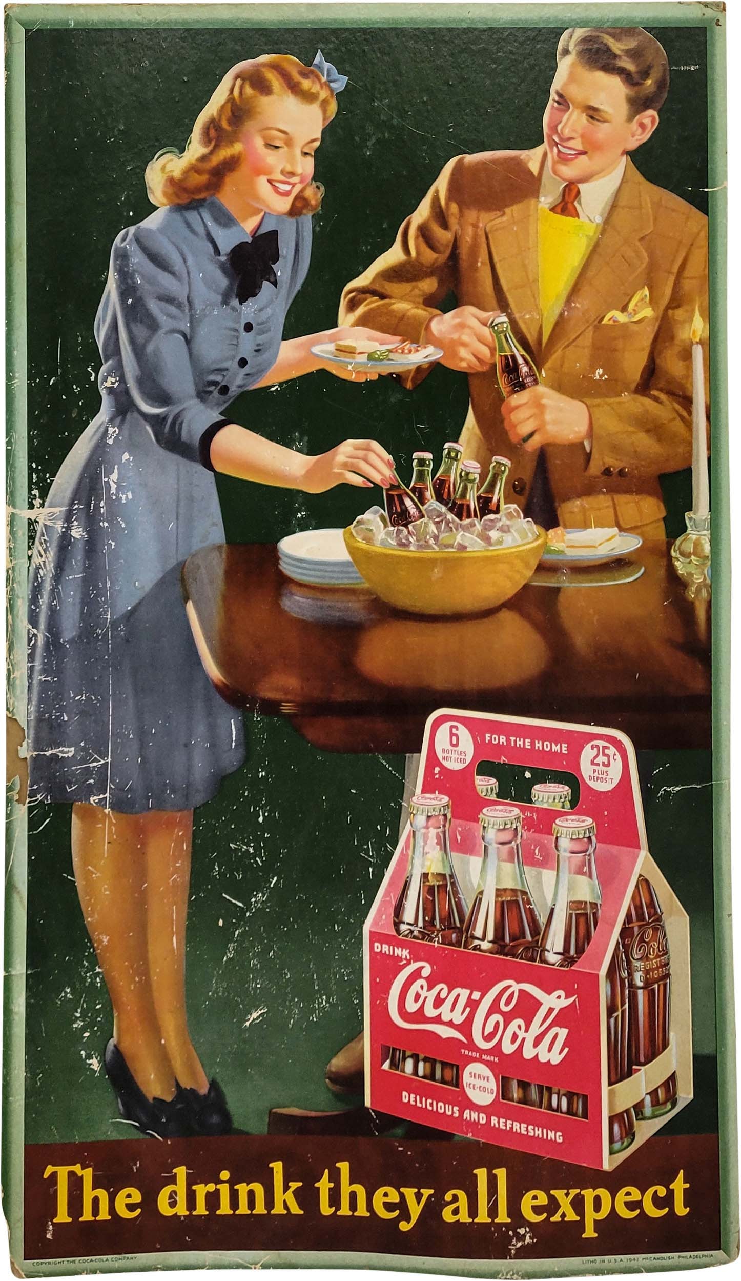 1942 Drink Coca Cola "The drink they all expect" cardboard sign: 16" x 27" Cardboard sign with bright colors, surface scuffs in the field, edge wear, missing bottom left corner, and a small paper tear on the left edge. PLEASE NOTE, THERE IS ONLY ONE WAY TO PAY FOR 