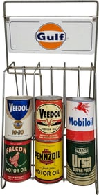 Gulf Metal Rack w/8 Various Brand Oil Cans