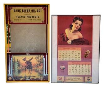 Lot of 2 Texaco Items Bark River Oil Co Michigan  w/ Moose & Framed 1942 Calendar Kansas