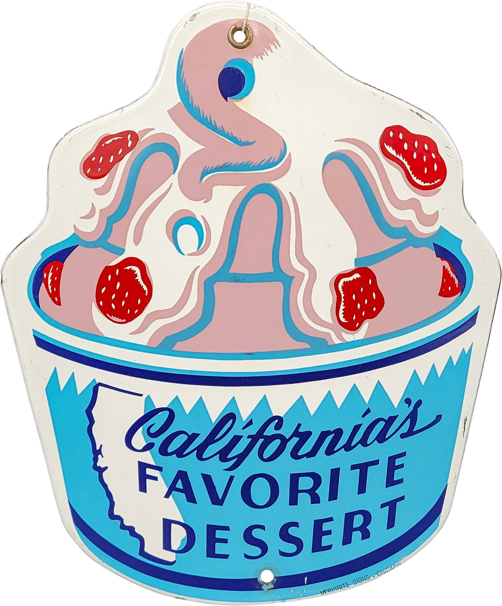 Foster's California's Favorite Dessert Single Sided Die Cut Porcelain Sign: 8.5" x 10.5" SSP sign with excellent color and gloss, minor scuffs. Marked Veribrite Signs. AGE UNKNOWN. PLEASE NOTE, THERE IS ONLY ONE WAY TO PAY FOR ONLINE ITEMS IN THIS AUCTION WHICH IS THROUGH LIV