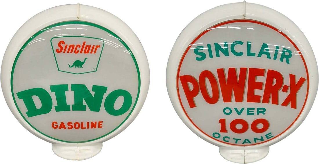 Two Sinclair 13.5" Gas Pump Globe Lenses Dino & Power X over 100 w/ Capco Body (1 of 3)