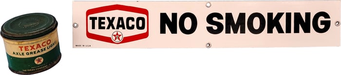 Texaco No Smoking Porcelain Sign and Texaco Axle Grease Can