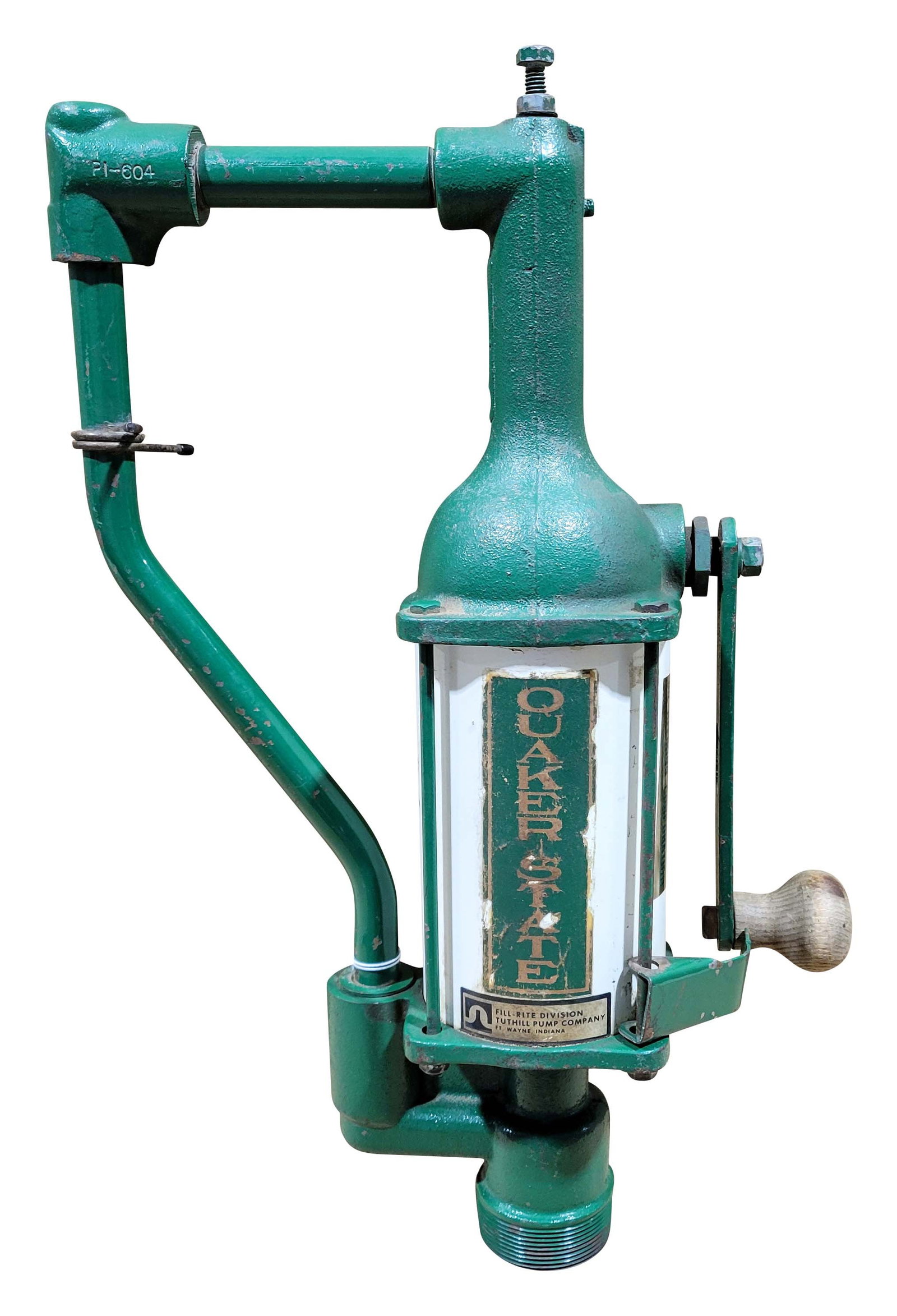 Quaker State Fill Rite Oil Pump w/ Handle: 19" x 12.25" x 4.5" handle displays well with the original paint and the original Quaker State decal in place. The pump displays well with some general wear present. PLEASE NOTE, THERE IS ONLY ONE WAY