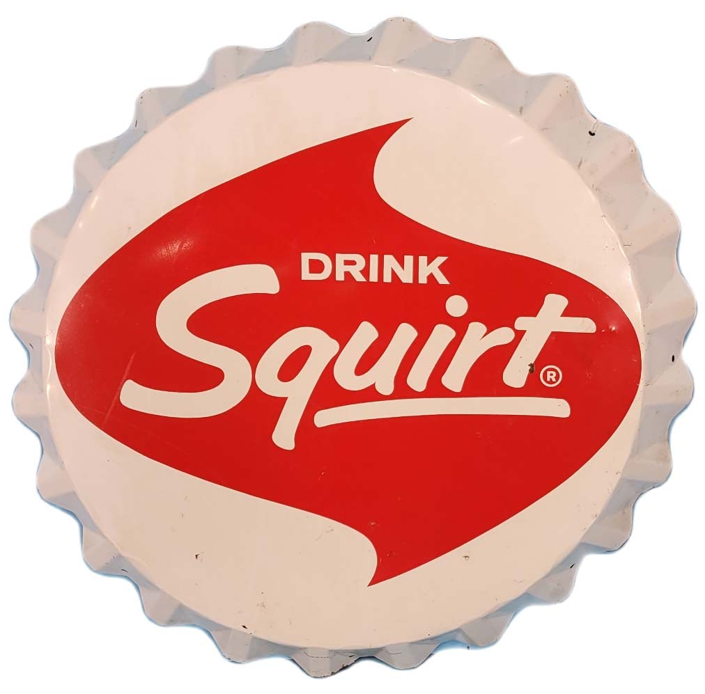 28" 1966 Drink Squirt Bottle Cap Sign: 28" Metal Drink Squirt bottle cap sign. Sign has bright colors with light scuffs and a couple of minor paint flakes in the field. 1966 printed in the USA The Squirt Company. PLEASE NOTE, THERE IS ONLY