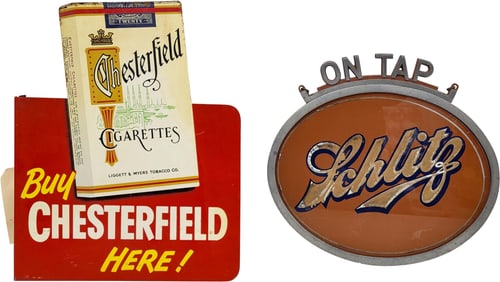Lot of 2 Signs Chesterfield Cigarettes DST Flange and Schlitz "On Tap" Glass Sign