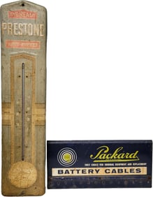 Packard Battery Cables Rack Sign and Prestone Thermometer Tin Sign
