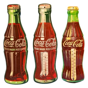 Coca Cola lot with die cut bottle sign and thermometers