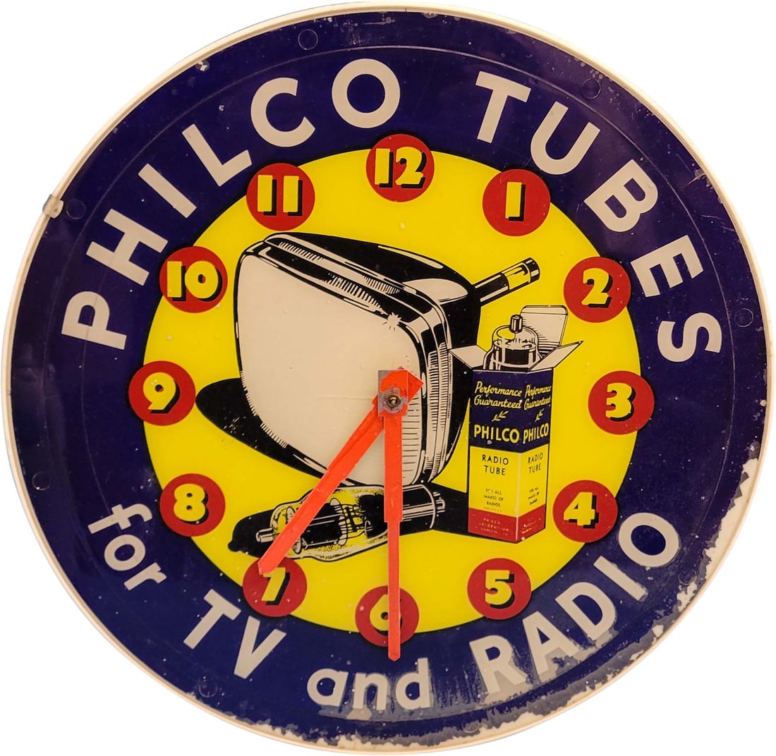 16" Philco Tubes Electric Light Up Clock: 16" Electric light up clock. Plastic clock with flaking and spots in the clock face. No light bulbs with clock and is not working. PLEASE NOTE, THERE IS ONLY ONE WAY TO PAY FOR ONLINE ITEMS IN THIS AU