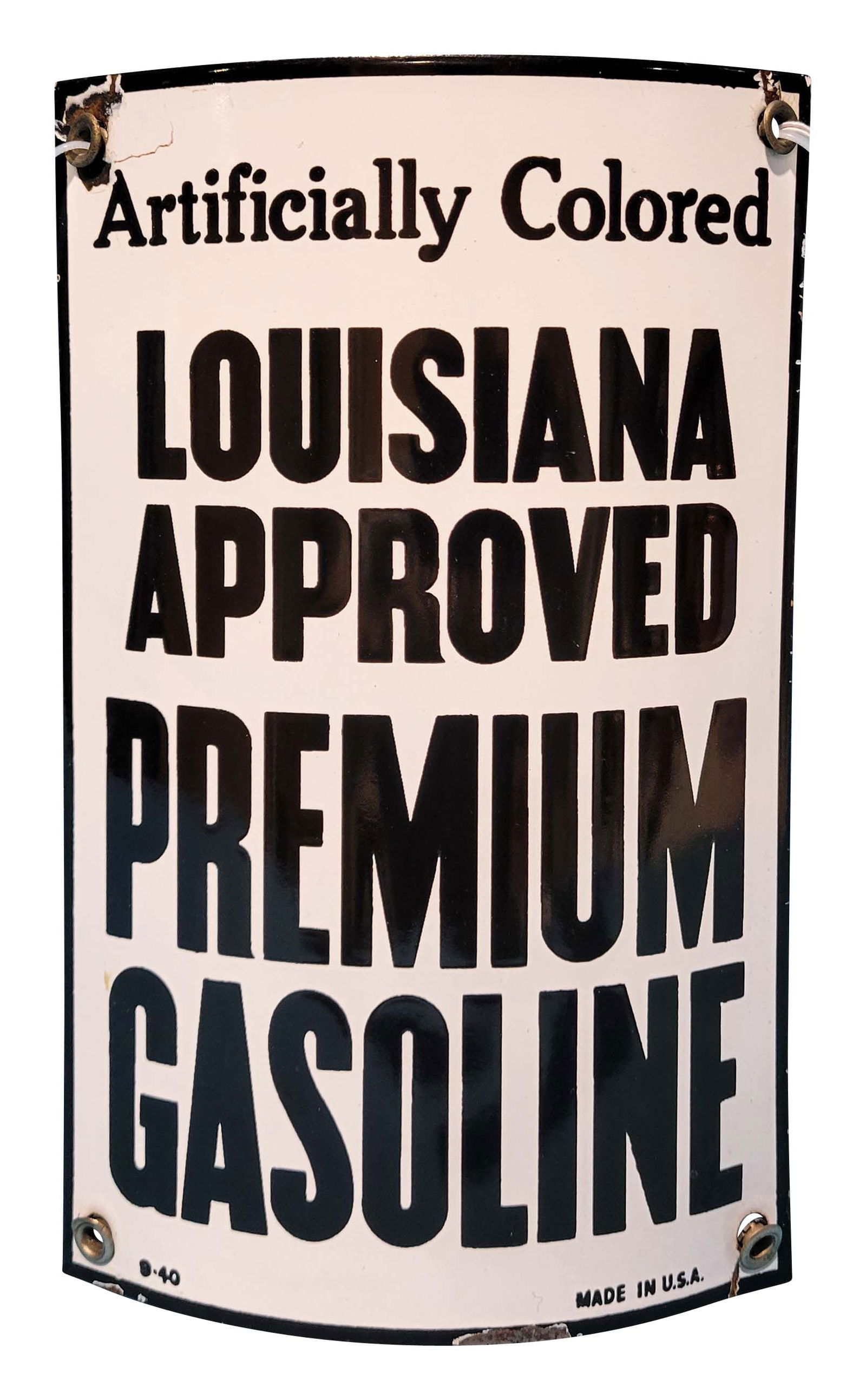1940 Louisiana Approved Premium Gasoline Curved SSP Gas Pump Plate Sign (1 of 2)
