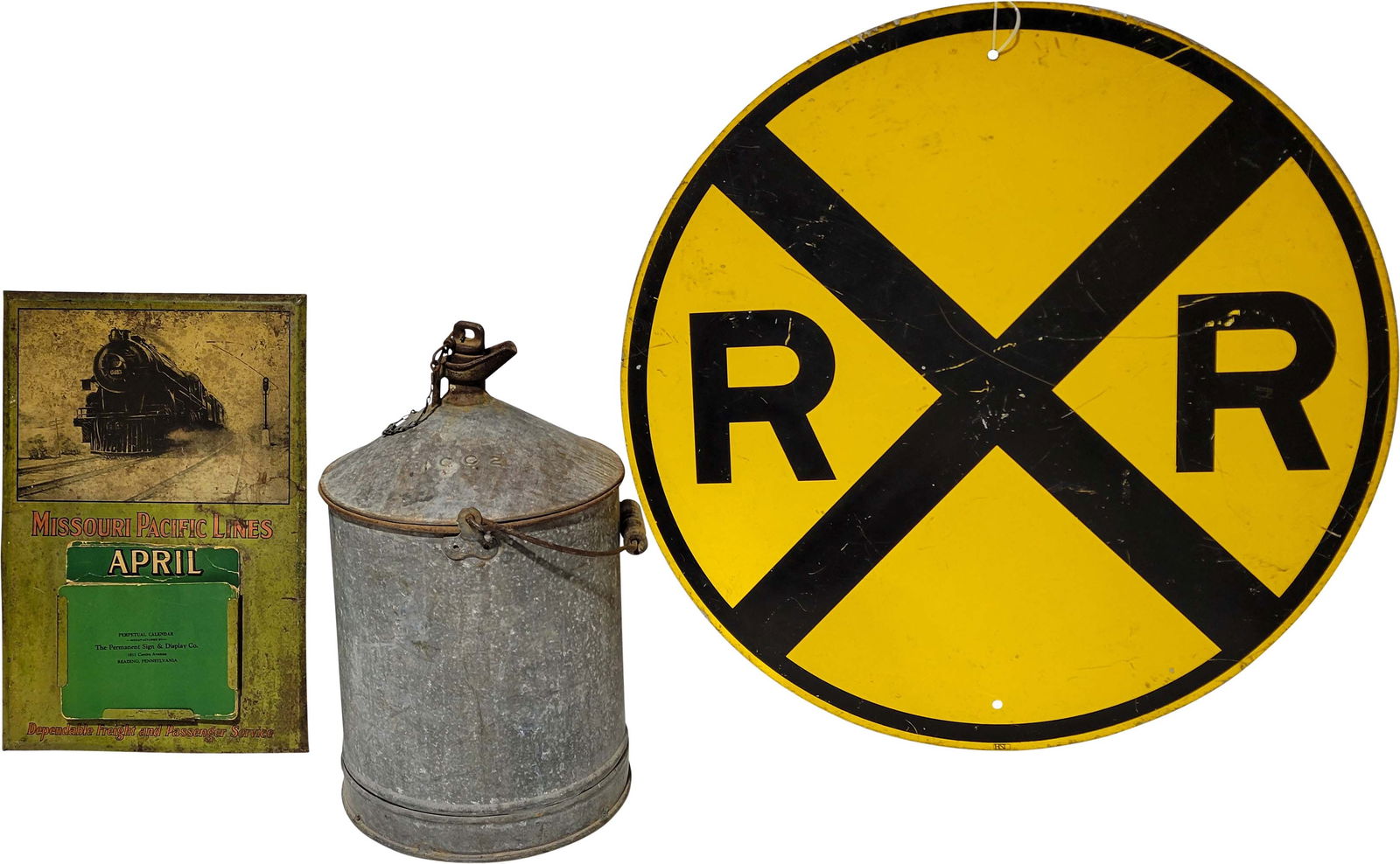 Railroad Crossing Sign, Missouri Pacific Lines Perpetual Calendar, RR Can (1 of 3)
