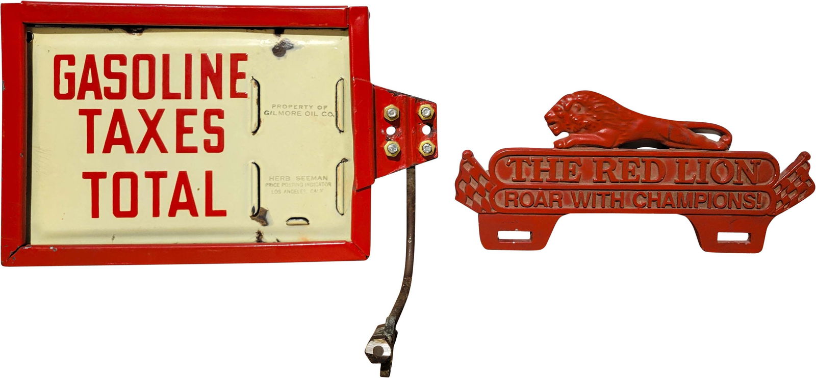 Gilmore Oil Co. Gasoline Pump Pricer Sign and Red Lion Tag Topper (1 of 2)