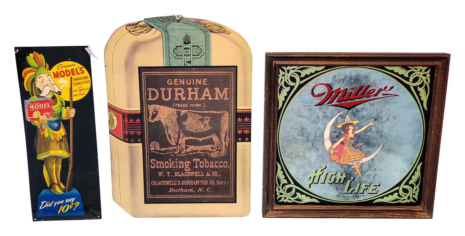 Lot of 3 Advertising Signs Durham Tobacco Miller High Life Beer & Model Smoking Tobacco (1 of 2)