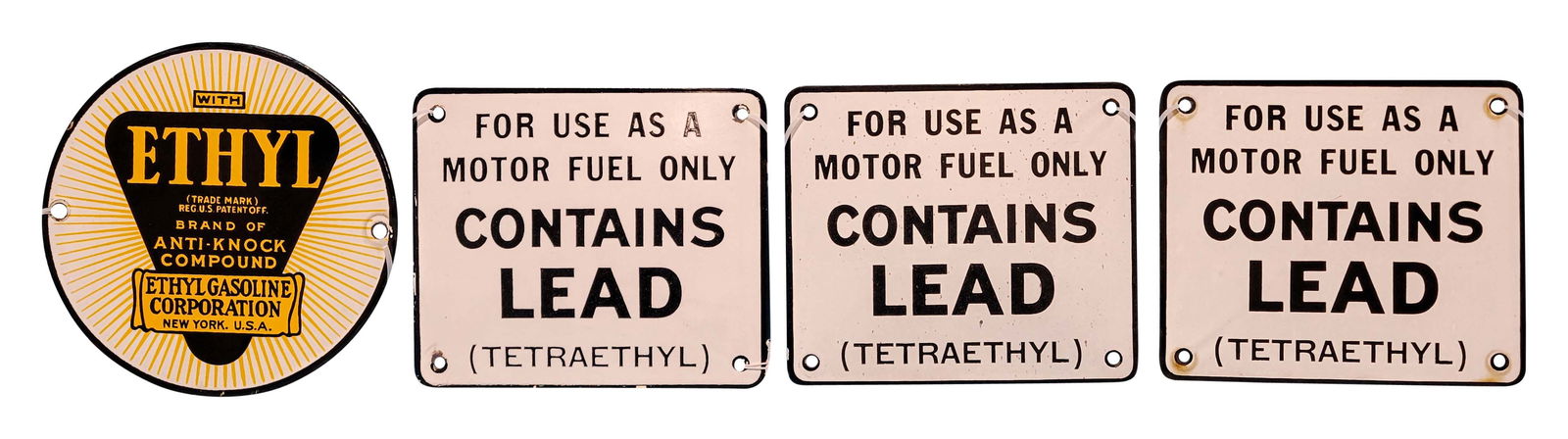 Lot of 4 SSP Signs Contains Lead and Ethyl Gasoline Gas Pump Signs (1 of 2)