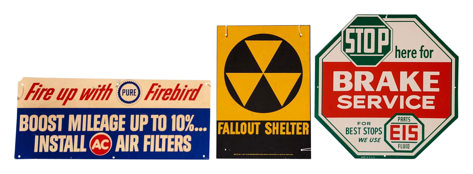 Lot of 3 Advertising Signs Fallout Shelter Pure Firebird AC Brake Service (1 of 2)
