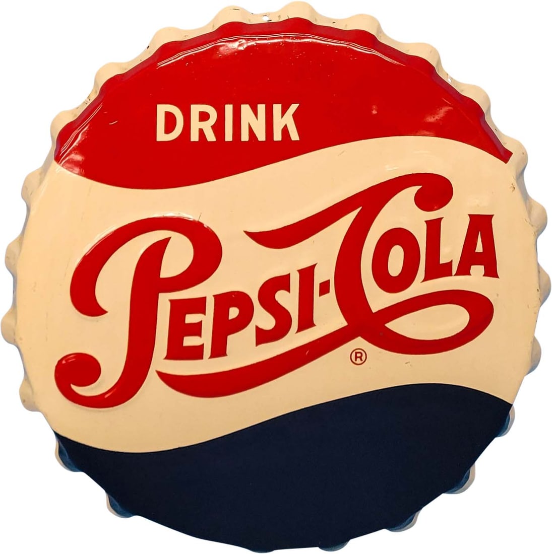 18" Pepsi-Cola Bottle Cap: 18" metal Pepsi-Cola embossed bottle cap sign with excellent color and gloss. A few light scuffs in field and perimeter. Minor manufacturing imperfections on surface - view photo. Makers mark RA-58 Ma