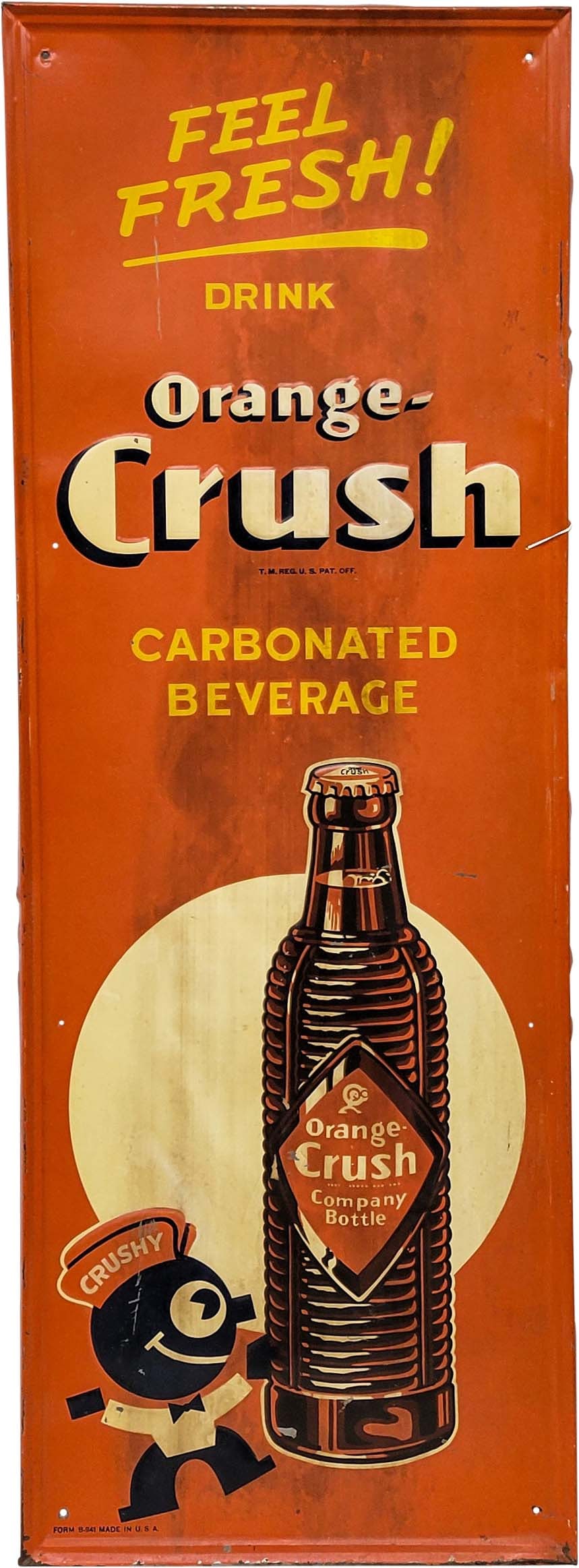 Orange Crush "Feel Fresh Drink" Self-Framed Embossed Single Sided Tin Sign (1 of 2)