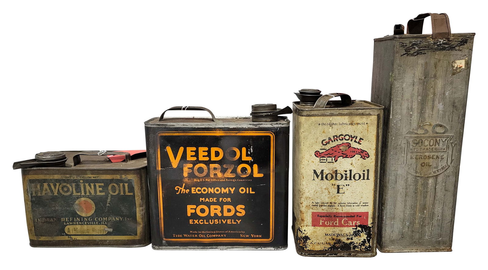 Group of 4 Motor Oil Cans Mobiloil Veedol Havoline & Socony (1 of 2)