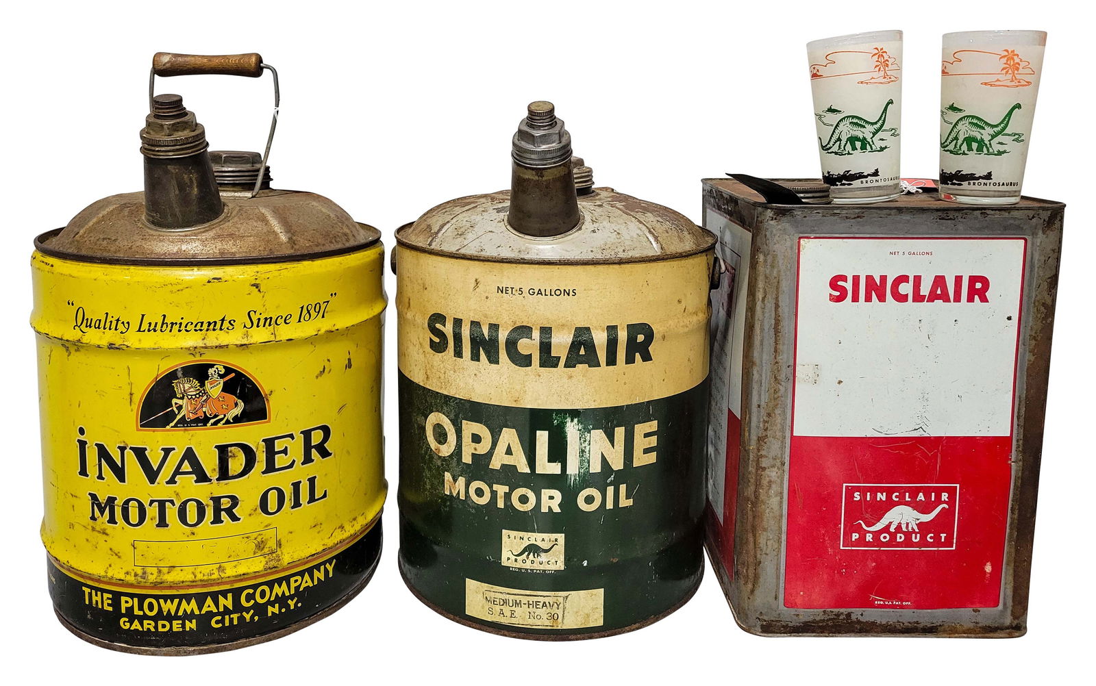 Group of 3 Metal 5 Gallon Motor Oil Cans Sinclair & Invader (1 of 2)