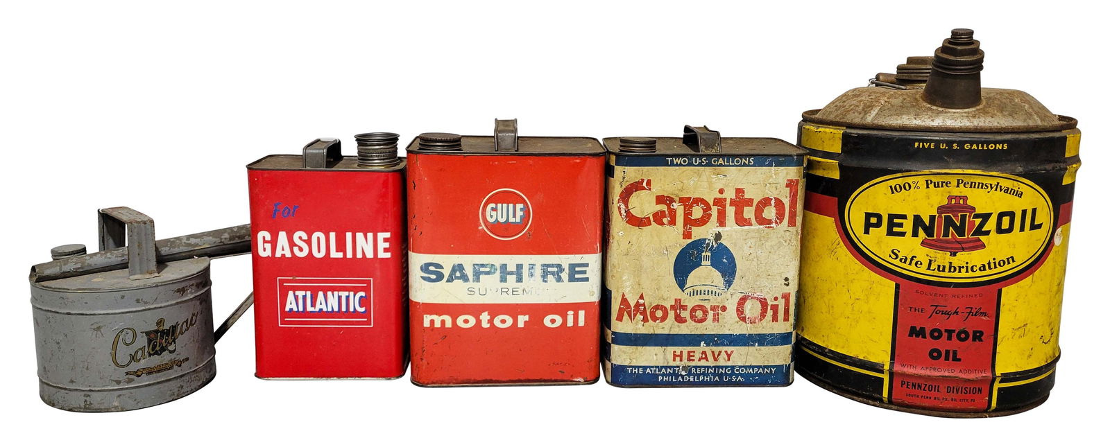 Group of 5 Metal Motor Oil Related Cans Pennzoil Gulf Cadillac Atlantic & Capitol (1 of 2)