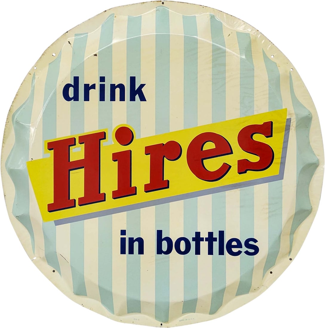 35" Drink Hires In Bottles Bottle Cap Sign: 35" Metal Drink Hires in Bottles bottle cap sign. Bright colors with heat bumps in the field. Sign has rice paper residue. Light edge wear with minor scuffs and scratches. Made in U.S.A. PLEASE NOTE,