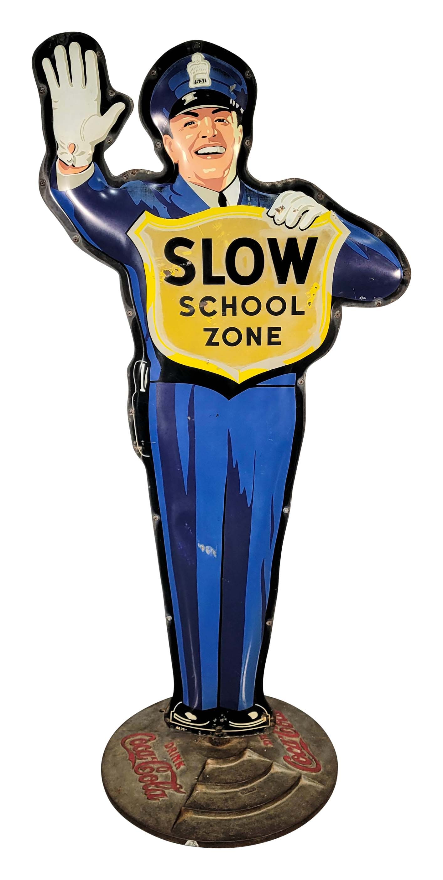 Coca Cola Slow School Zone Policeman DST Sign on Base (1 of 3)