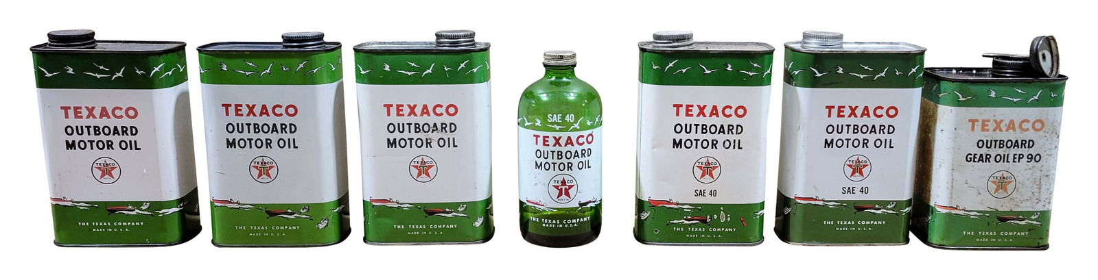 Lot of 7 Texaco Outboard Motor Oil Quart Cans 6 square and 1 Glass Bottle (1 of 2)