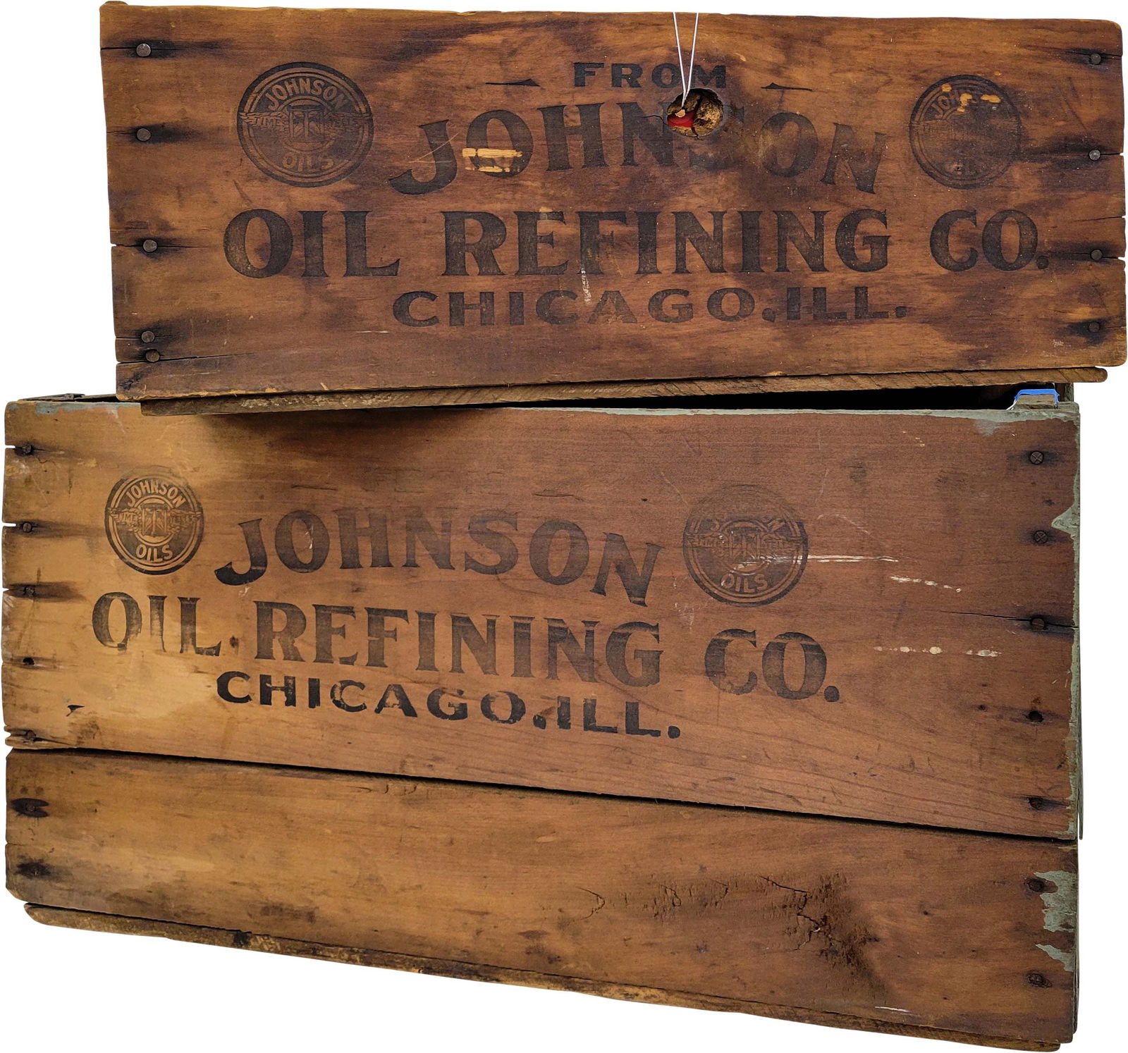 Lot of 2 Johnson Oil Refining Co. Wooden Crates w/ Time Tells Logo (1 of 2)