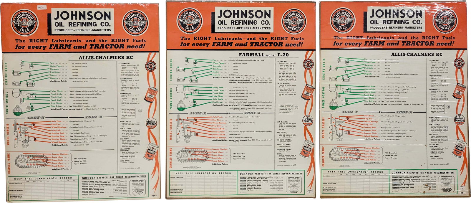 Lot of 3 Johnson Oils & Grease Farm & Tractor Lubrication Sign Charts (1 of 1)