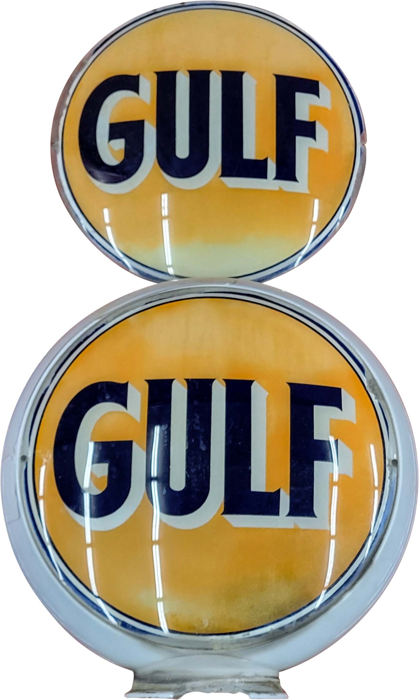 Gulf 13.5" lenses w/ Milkglass Gas Pump Globe Body: 13.5" lenses both have heavy wear with fading, soiling and paint loss. The body is in poor condition with multiple pieces missing along the base and multiple cracks along the sides. PLEASE NOTE, THERE