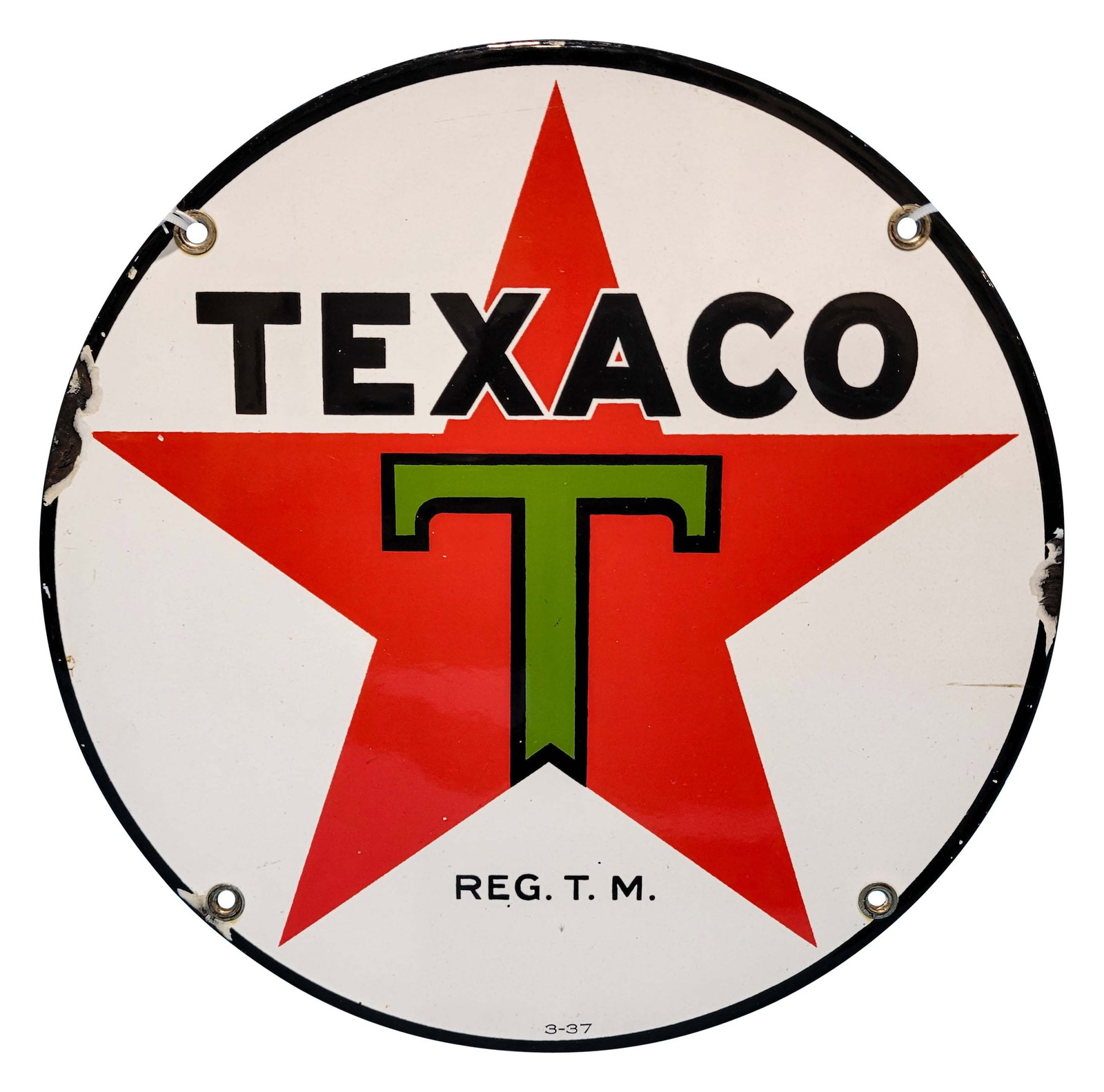 1937 Texaco 10" SSP Sign "Black T": 10" SSP sign has excellent color and gloss. The field has light storage wear. The perimeter has chips along the edges. All four factory grommets are in place. Marked 3-37. PLEASE NOTE, THERE IS ONLY O