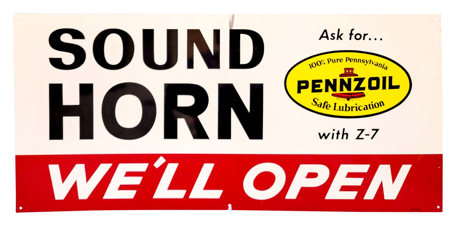 Pennzoil Sound Horn We'll Open Single Sided Metal Sign: 32" x 15" SSM sign in excellent condition with high gloss. Looks to be new old stock with a few very light scuffs. A-M 10-65 PLEASE NOTE, THERE IS ONLY ONE WAY TO PAY FOR ONLINE ITEMS IN THIS AUCTION