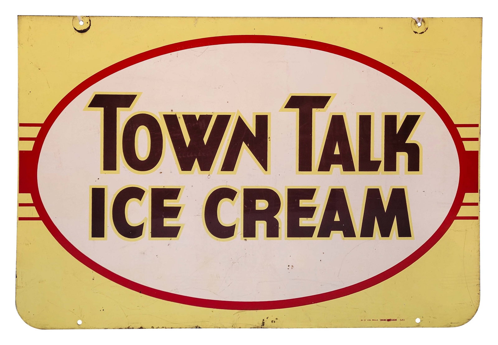 Town Talk Ice Cream Double Sided Metal Sign: 36" x 24" DSM sign with one side that has a deep scratch in the center. Both sides have scuffs, scratches, and small spots of flaked paint with light surface rust. PLEASE NOTE, THERE IS ONLY ONE WAY T
