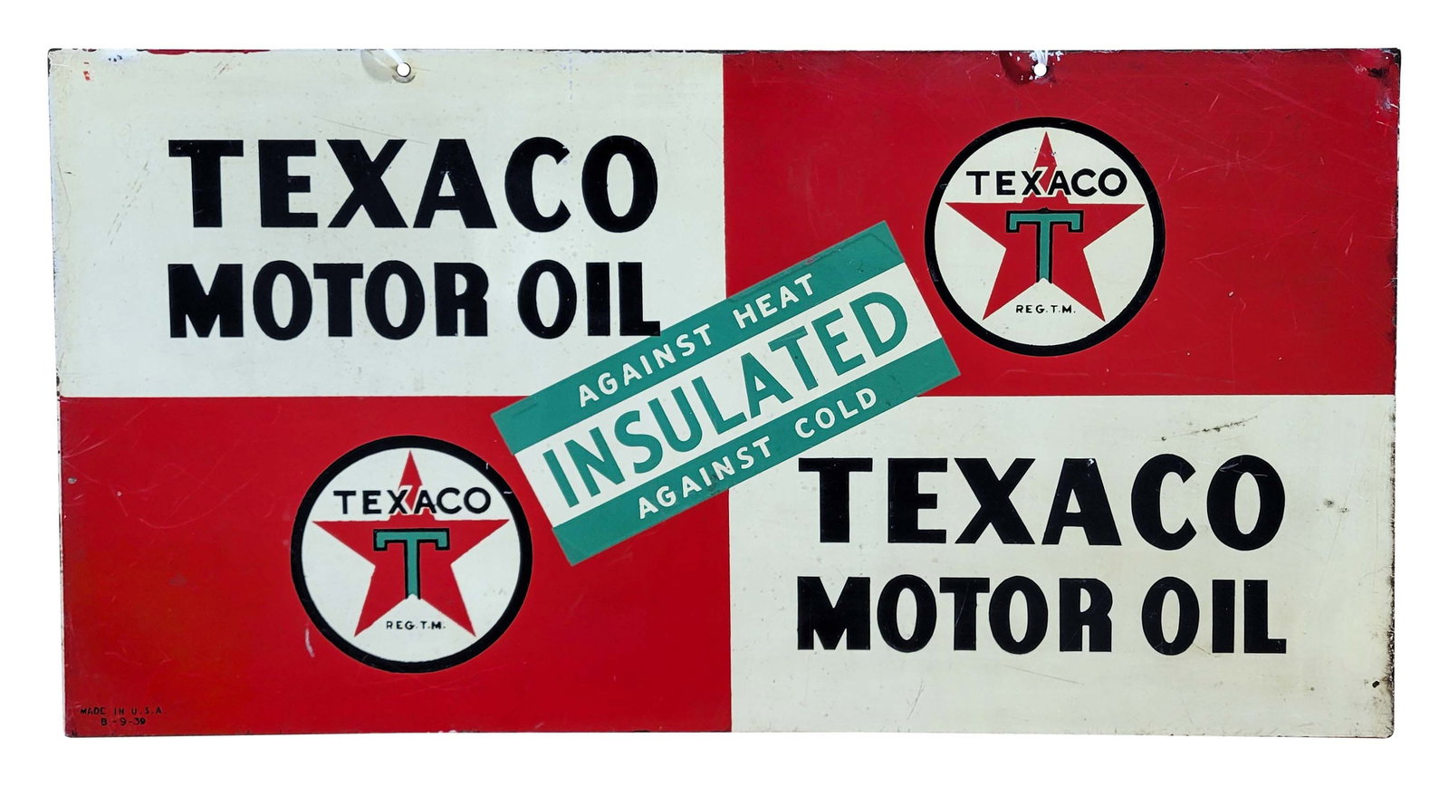 1939 Texaco Motor Oil "Insulated" DST Sign "Black T": 11" x 21.5" DST sign has very good color and shine. The display has light wear in the field with small paint chips along the edges. The reverse is comparable. Marked Made in U.S.A. B-9-39. PLEASE NOTE