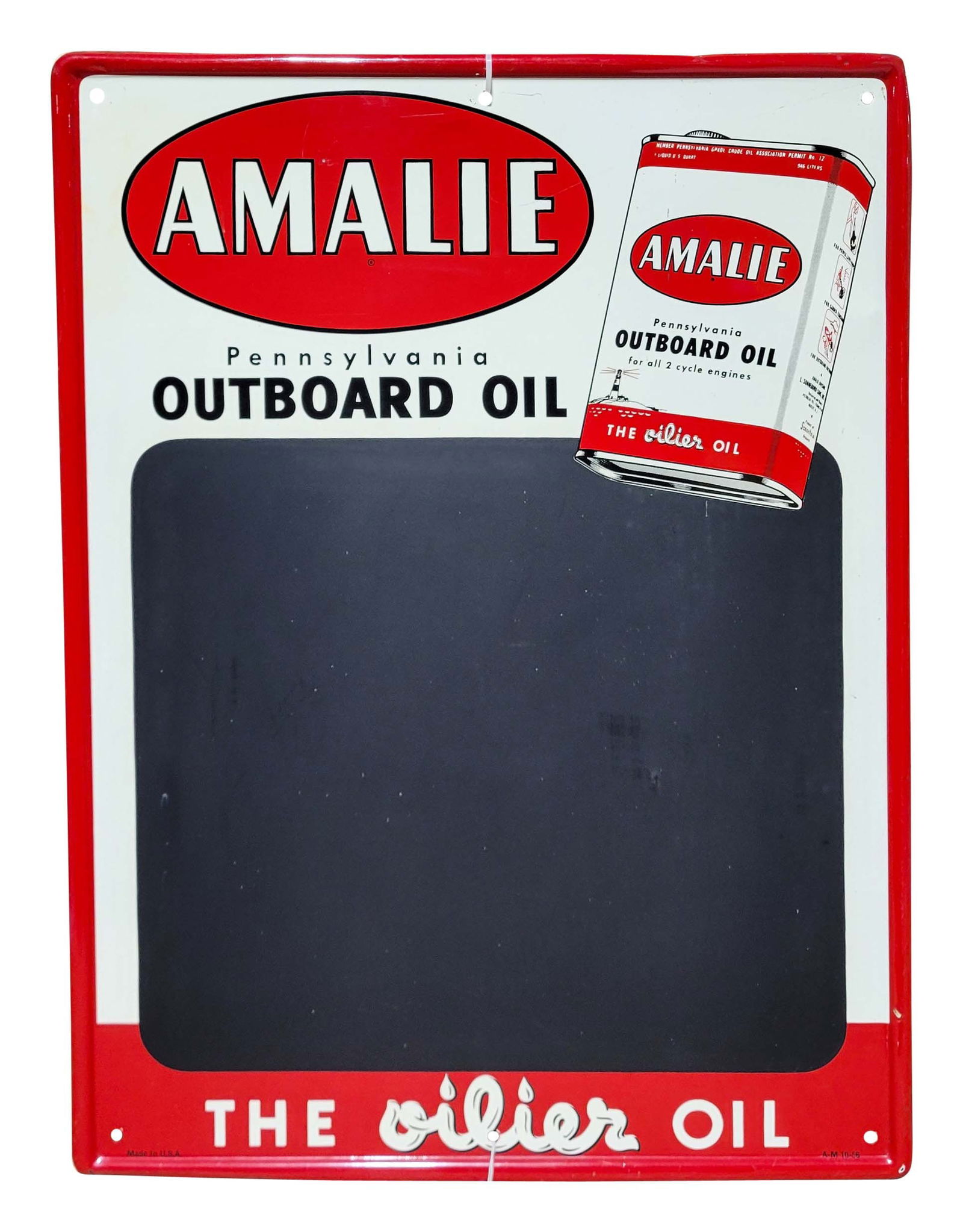 1956 Amalie Outboard Oil "The Oilier Oil" Menu board SST Sign w/ Can (1 of 2)