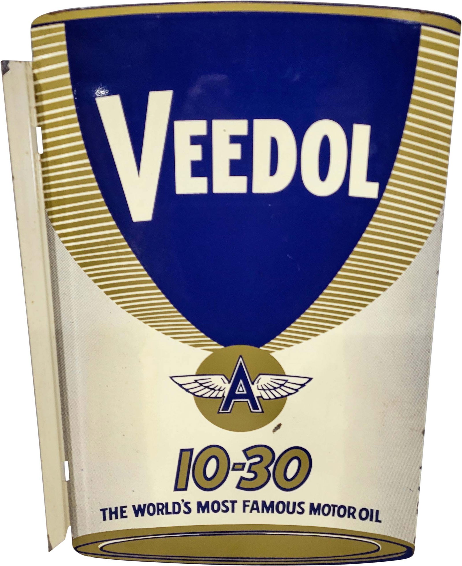 Veedol Flying A 10-30 Motor Oil Metal Flange Sign: 12"w x 18.5"h Flange sign with excellent color, bright gloss, minor edge wear, paint flake on one side, and minor scuffs. PLEASE NOTE, THERE IS ONLY ONE WAY TO PAY FOR ONLINE ITEMS IN THIS AUCTION WHI