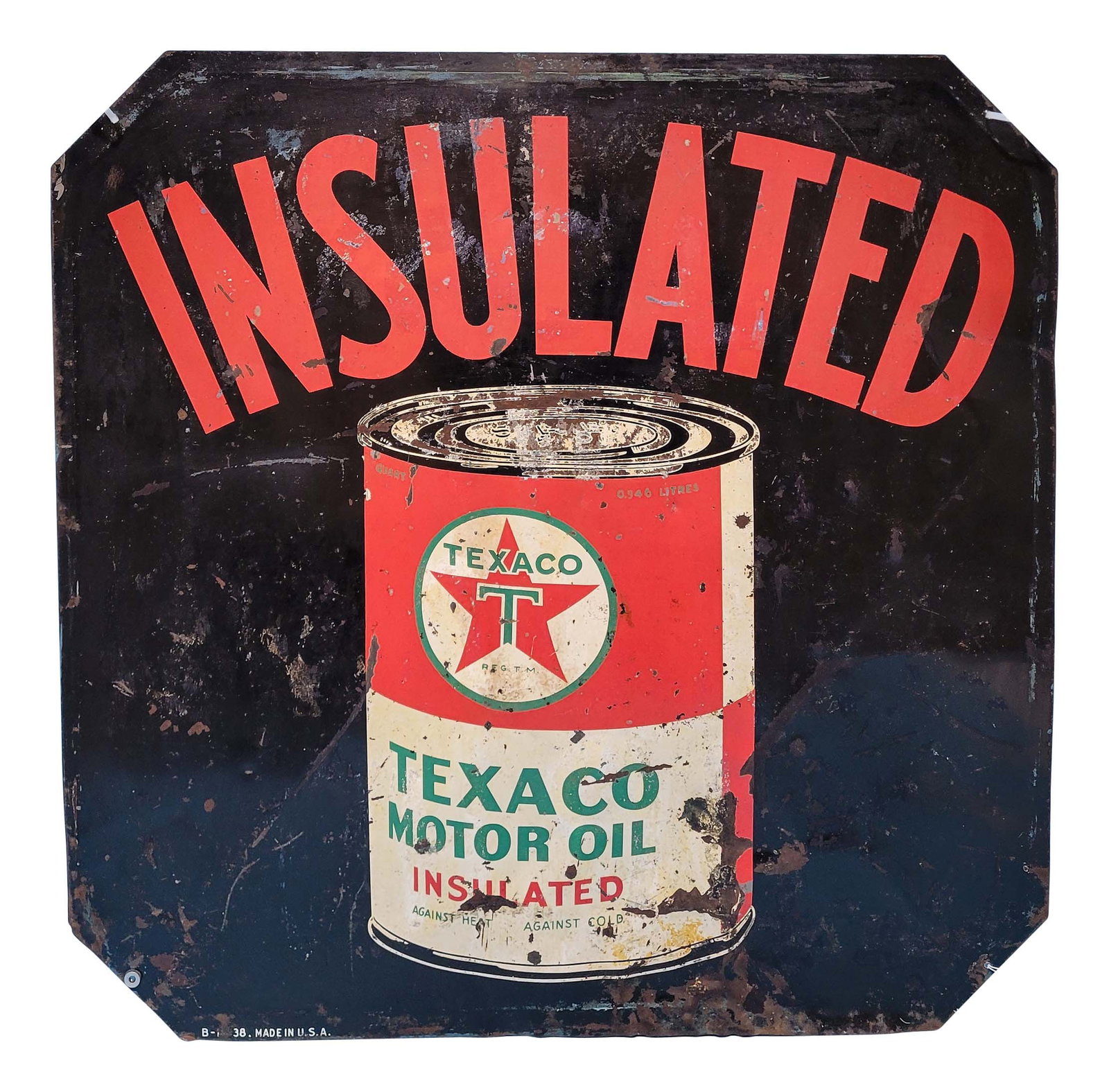 Texaco Motor Oil Insulated Double Sided Metal Sign: 30" x 30" DSM sign with heavy wear throughout both sides, bends, and dings. PLEASE NOTE, THERE IS ONLY ONE WAY TO PAY FOR ONLINE ITEMS IN THIS AUCTION WHICH IS THROUGH LIVE AUCTIONEERS. THIS IS THE MO