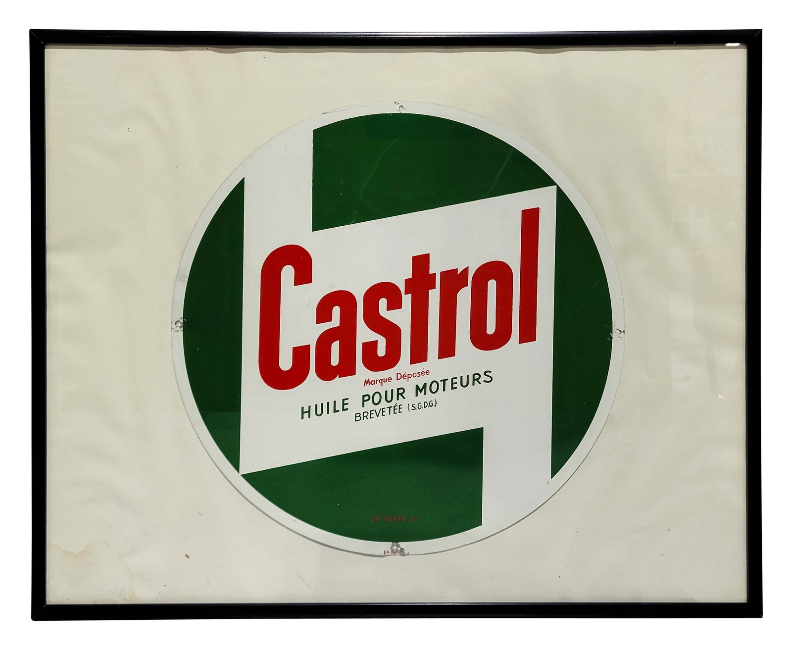 Castrol Motor Oil SST Framed Sign: 16.25" x 20.25" SST framed sign has excellent color and shine. The field has a few tiny dings. The outer field and perimeter have light wear with small paint chips at mounting holes. PLEASE NOTE, THER