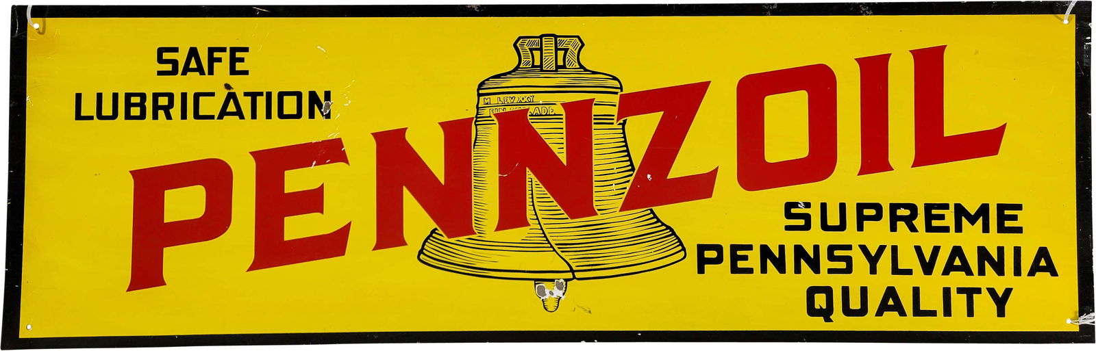 Pennzoil Safe Lubrication Supreme Pennsylvania Single Sided Tin Sign: 36"w x 11.5" SST with bright colors, good gloss, paint flakes, and scratches in the field. Age unknown. PLEASE NOTE, THERE IS ONLY ONE WAY TO PAY FOR ONLINE ITEMS IN THIS AUCTION WHICH IS THROUGH LIVE