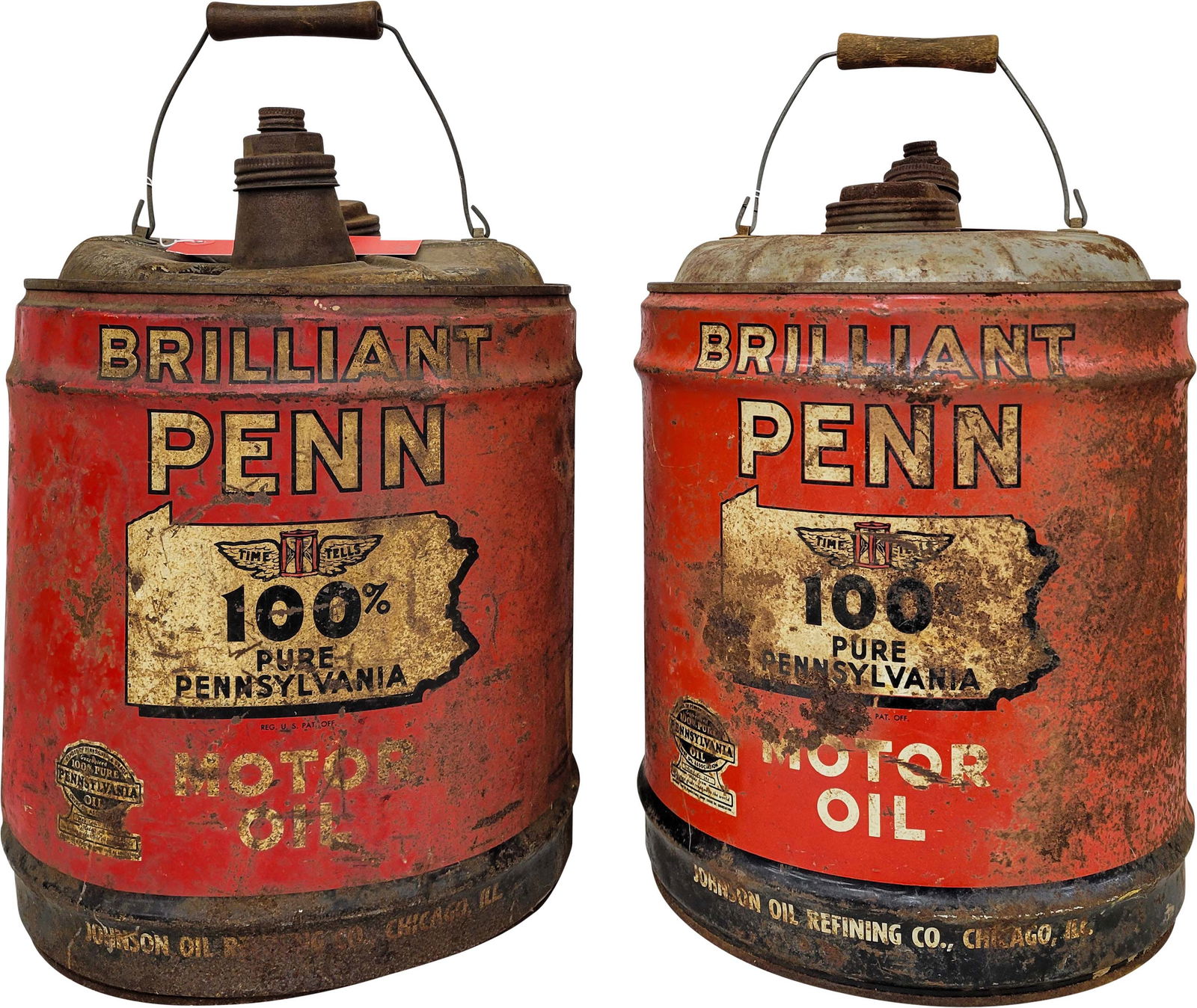 Lot of 2 Five Gallon Johnson Brilliant Penn Metal Motor Oil Cans w/ Logo (1 of 2)