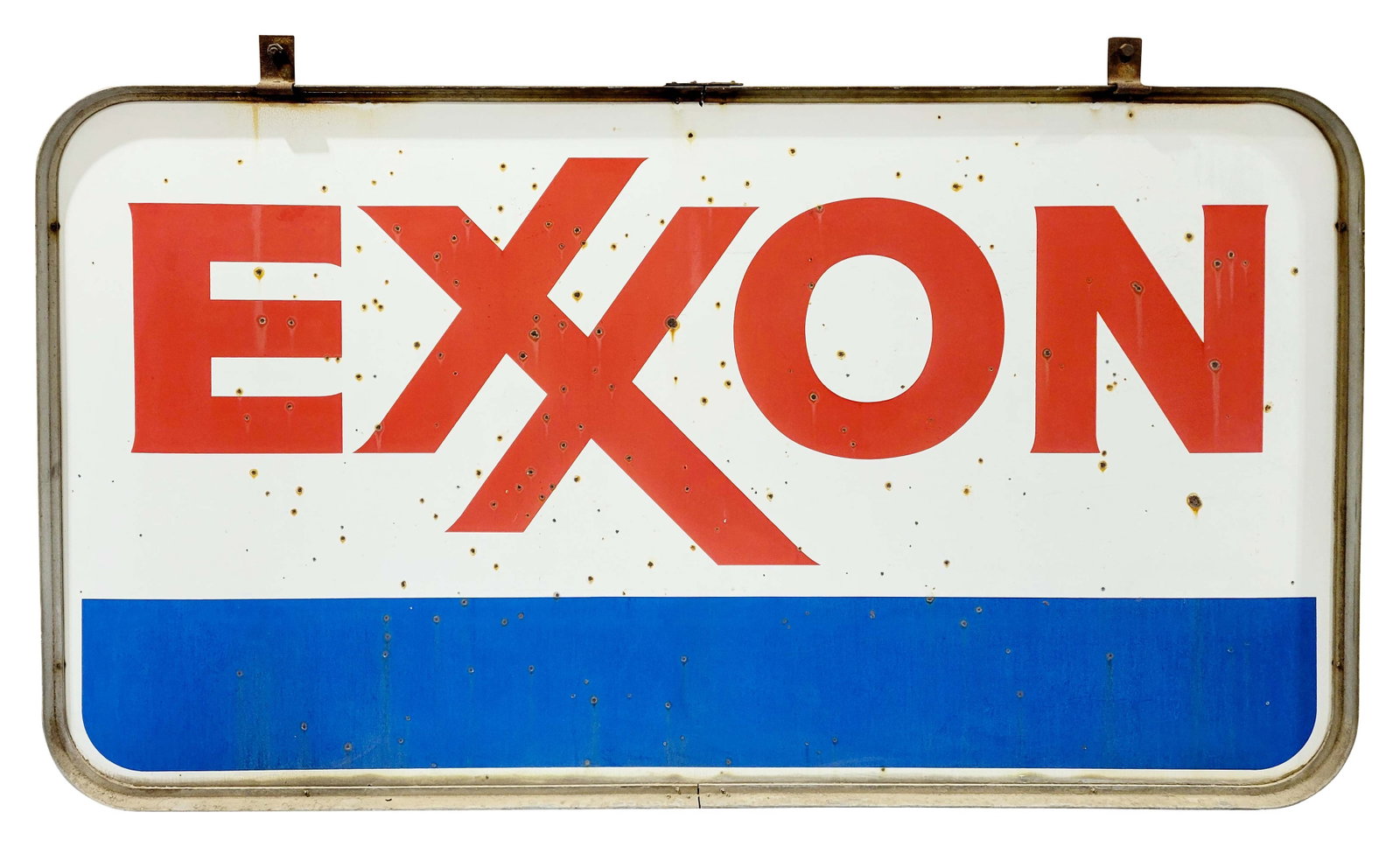 Exxon Gasoline 7' DSP ID Sign w/ Ring & Hangers: 46" x 84" DSP sign with ring and hangers has good color and gloss. The display has chipping throughout with areas of rust staining. The reverse has heavier wear with additional chips and staining. The