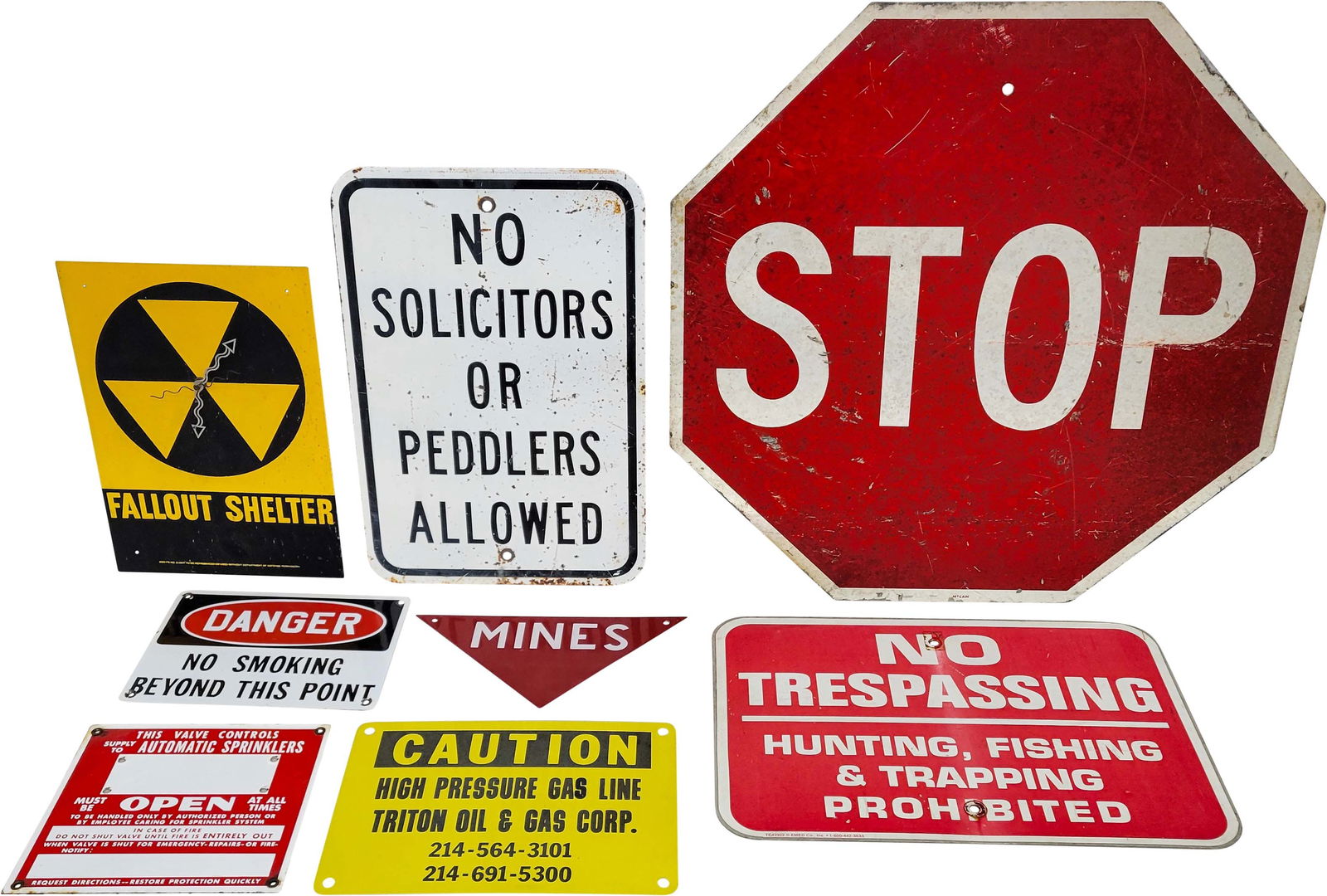 Lot of 8 misc. signs - Stop, Danger, No Trespassing, etc. (1 of 2)