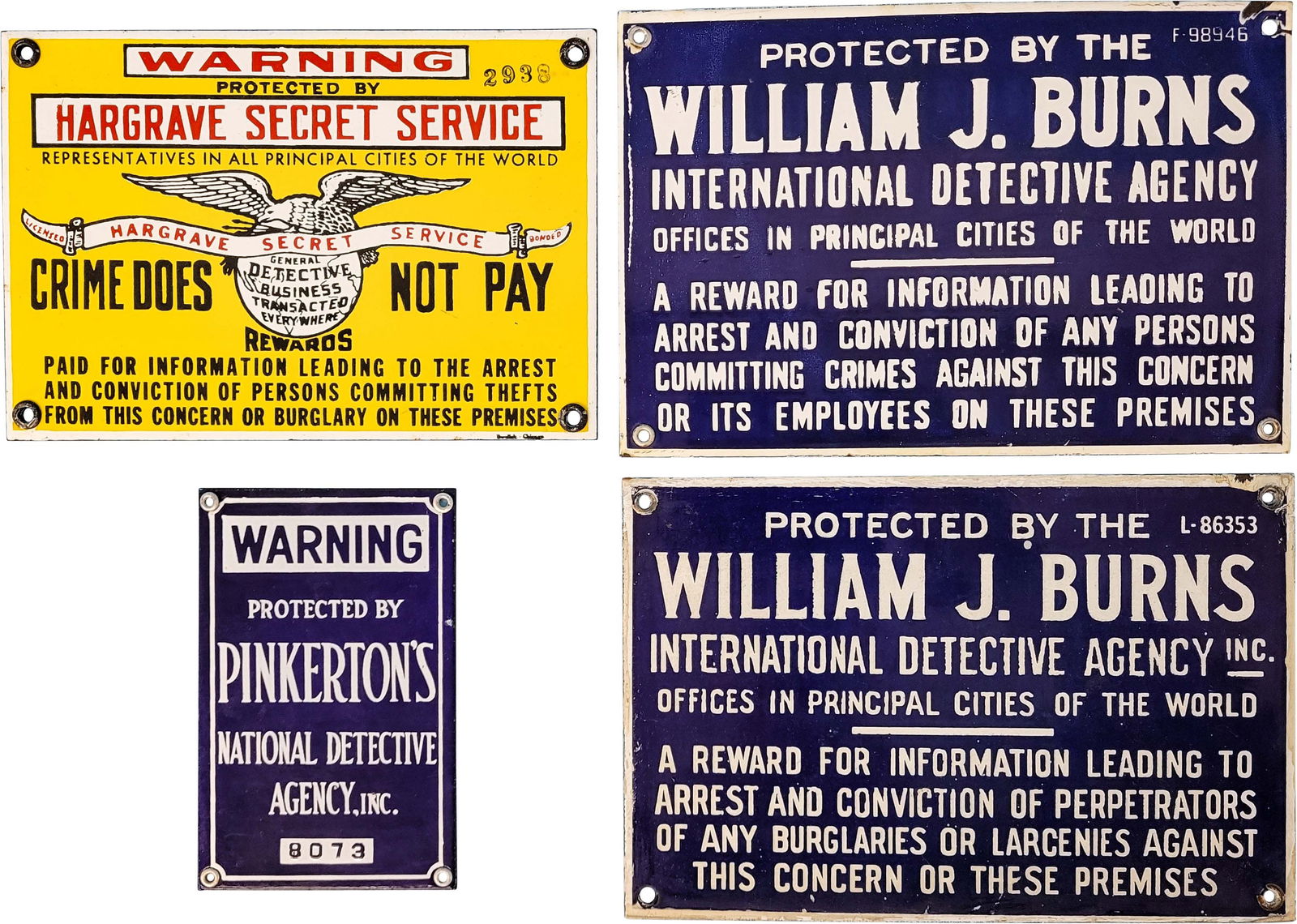 Pinkerton's, William J. Burns Porcelain Detective Agency Signs (1 of 2)