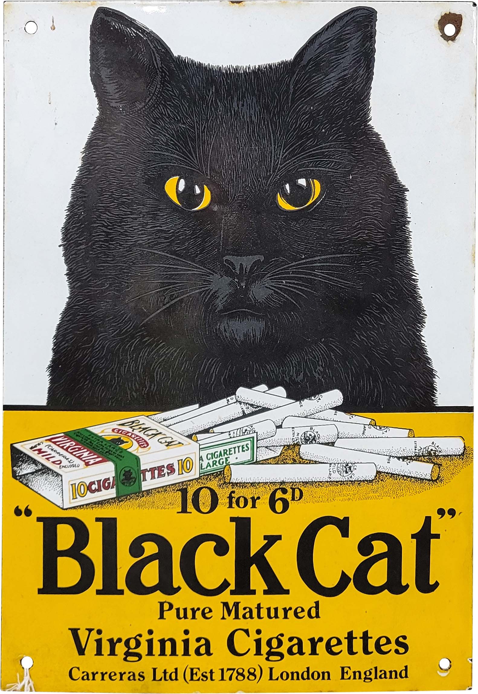 "Black Cat" Pure Matured Virginia Cigarettes Single Sided Porcelain Reproduction Sign (1 of 2)