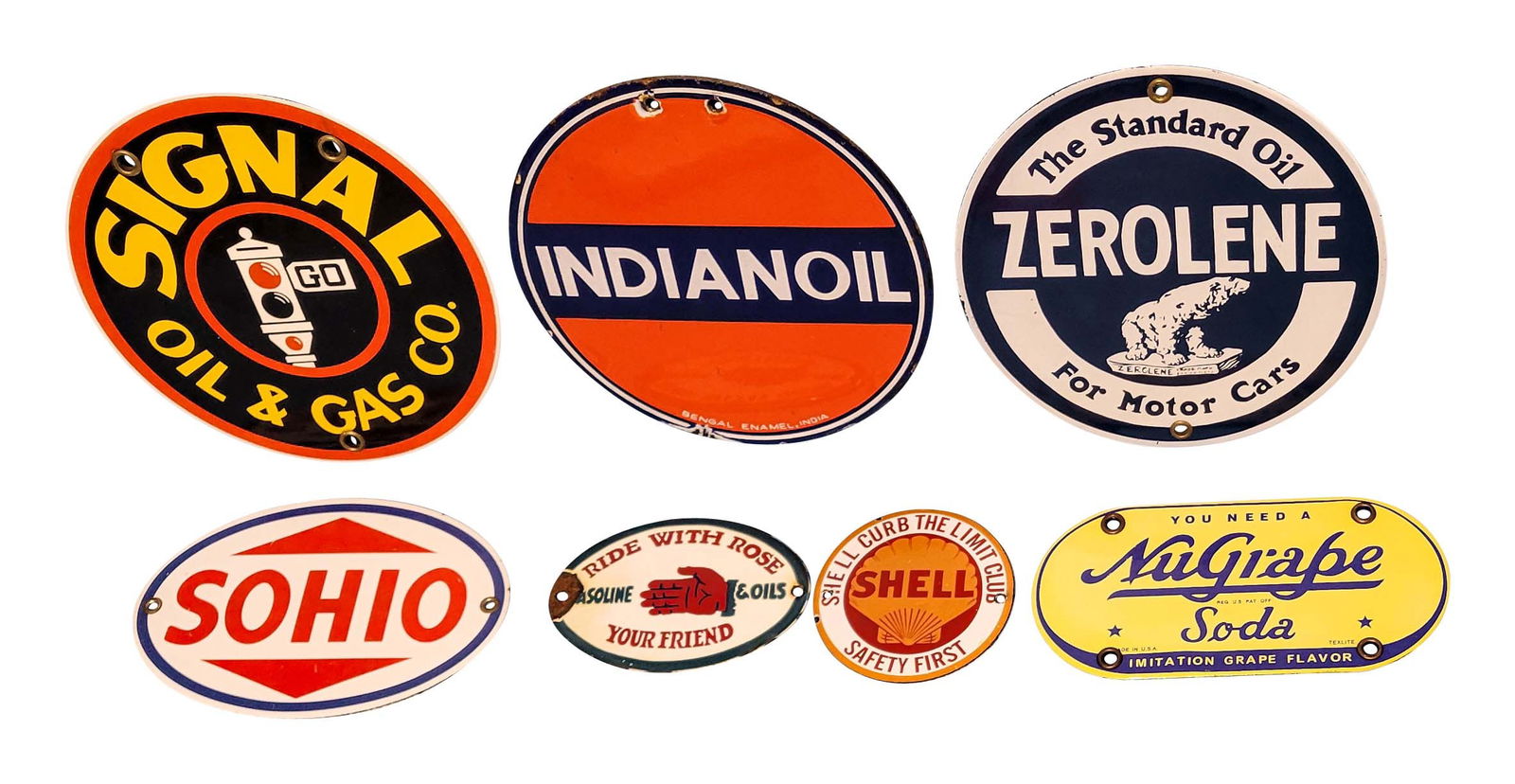 Lot of  7 Small SSP Signs Shell Zerolene Signal Nugrape Sohio Rose Indian Oil AGE UNKNOWN/FANTASY (1 of 2)