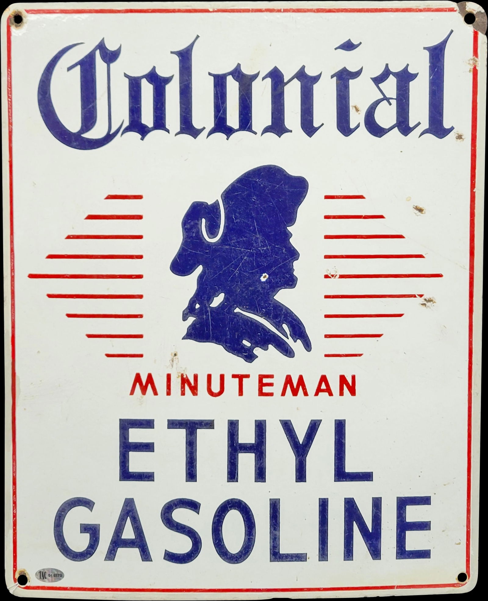 Colonial Minuteman Ethyl Gasoline Porcelain Pump Plate Sign (1 of 3)