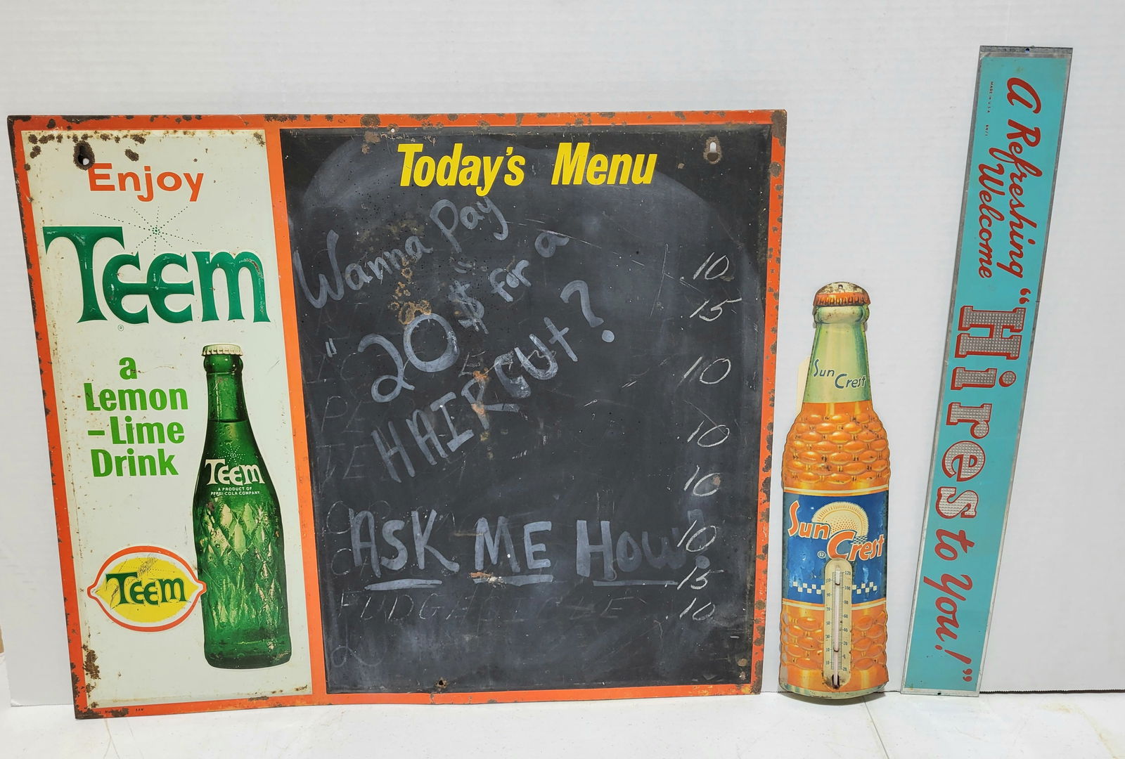 Teem Menu Board, Sun Crest Bottle Thermometer and a Hires Tin Tacker (1 of 3)