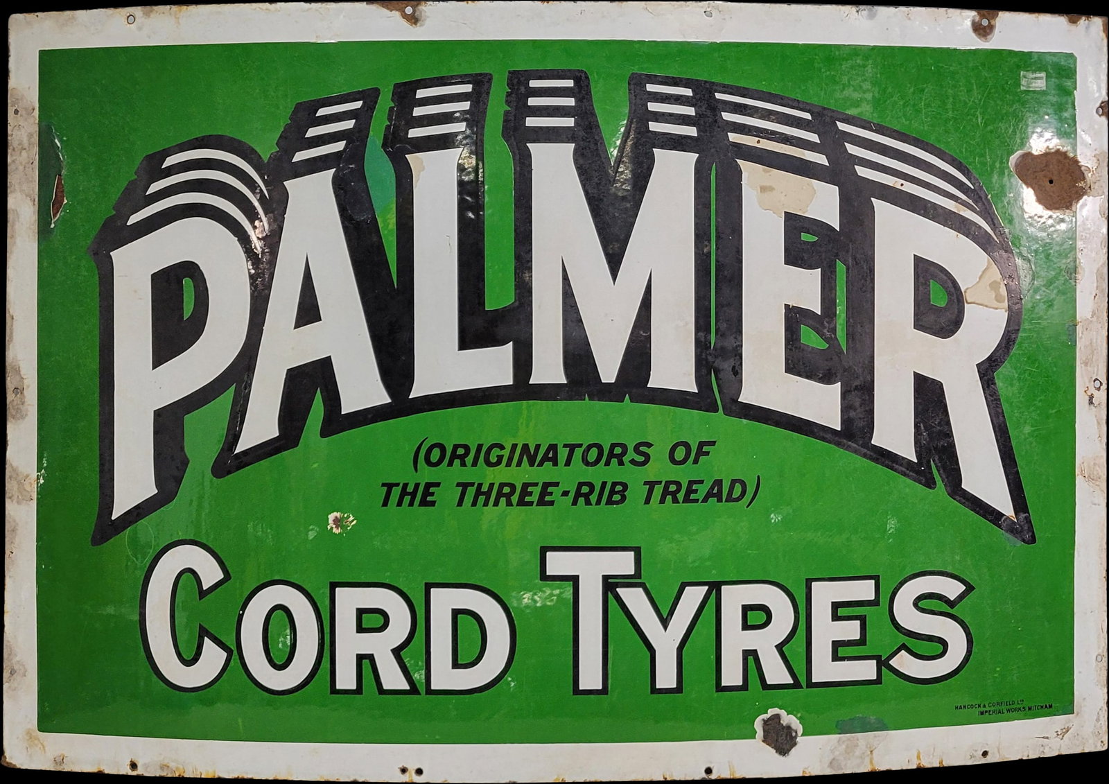 Palmer Cord Tyres Single Sided Porcelain Sign: 60" x 40" SSP sign with multiple chips, touch ups in the field and around the perimeter with stains and rust. Marked Hancock and Corfield, Imperial Works, Mitchum. >>>>>>>>> PLEASE NOTE, THERE IS ONLY