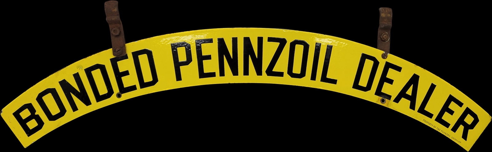 Bonded Pennzoil Dealer Double Sided Porcelain Sign Topper: 29.25" x 3.5" (without hanger) DSP sign with excellent color and gloss. There is light edge wear and one side has a very small chip in the porcelain above the letter "N". Marked Property Of The Pennzo